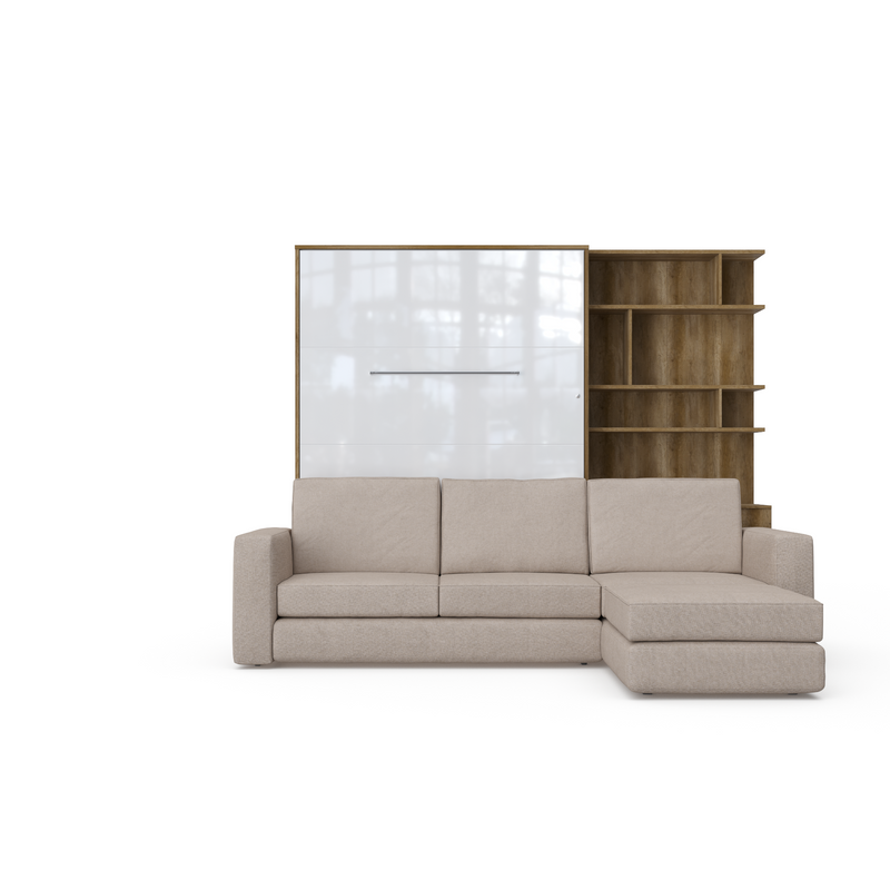 Murphy bed European Full XL Vertical with a Sectional Sofa and a Bookcase Invento.