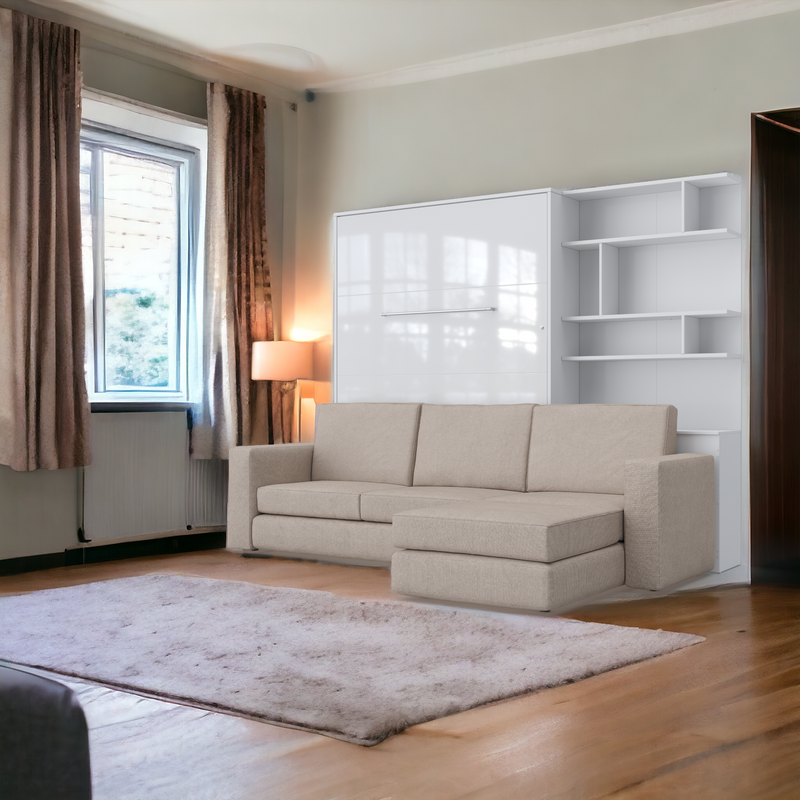 Murphy bed INVENTO European Full XL Vertical with a Sectional Sofa and a Bookcase