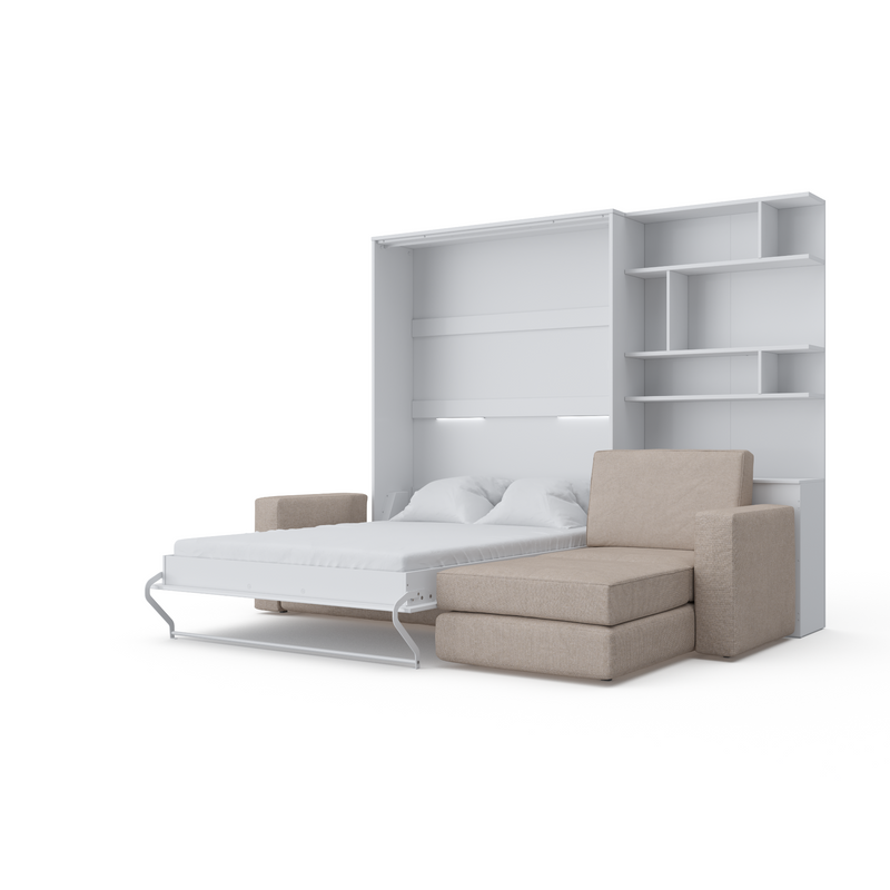 Murphy bed INVENTO European Full XL Vertical with a Sectional Sofa and a Bookcase