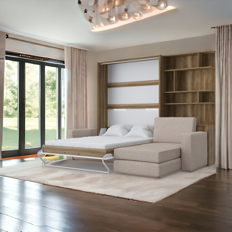 Murphy bed European Full XL Vertical with a Sectional Sofa and a Bookcase Invento.