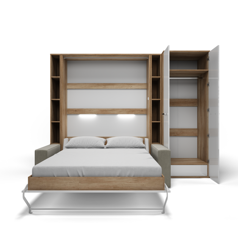 Vertical European FULL size Murphy Bed Invento with a Sofa, two Shelves and Wardrobe