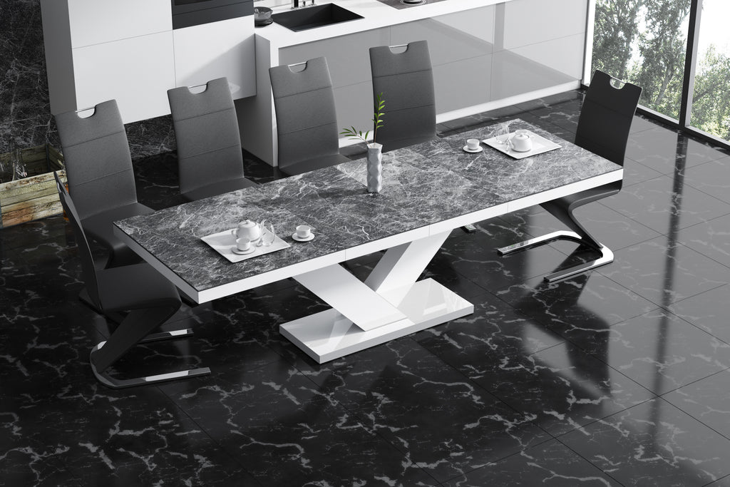 Dining Set TORIA 7 pcs. modern glossy Dining Table with 2 self-storing leaves plus 6 black chairs