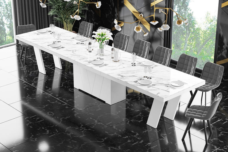 Dining Set ALETA 11 pcs. modern glossy marble/ white Dining Table with 4 self-starting leaves plus 10 chairs