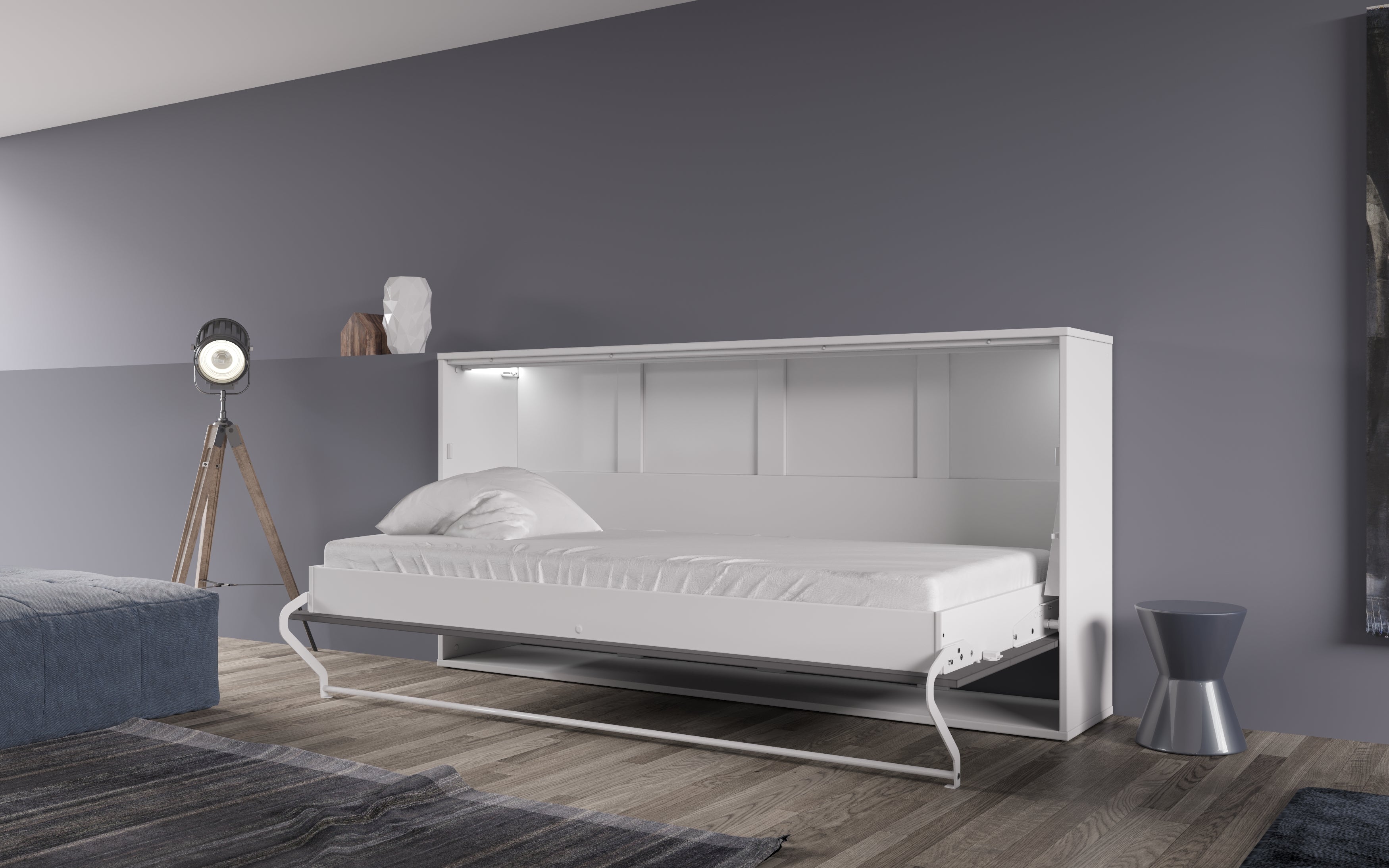 Maxima House European Horizontal Twin Size Murphy Bed Invento with Mattress and LED White White