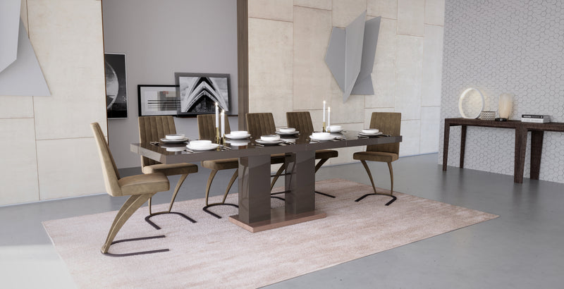 Dining Set LISA 7 pcs. modern brown glossy Dining Table with 2 self-storing leaves plus 6 chairs