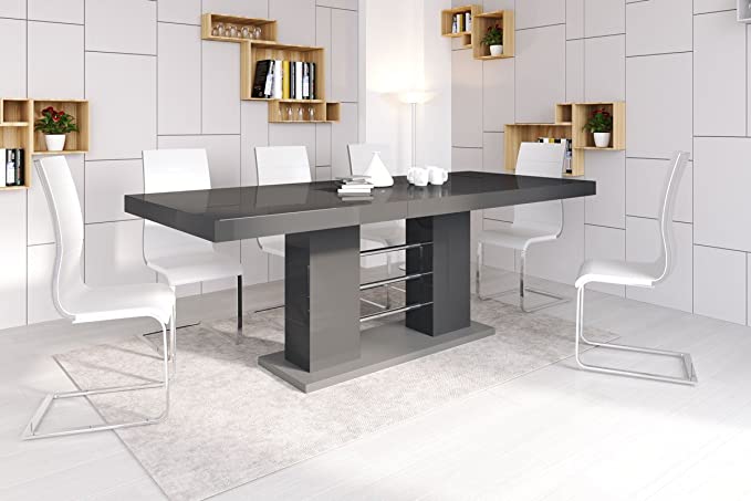 Dining Set LISA 7 pcs. gray modern glossy Dining Table with 2 self-storing leaves plus 6 white chairs