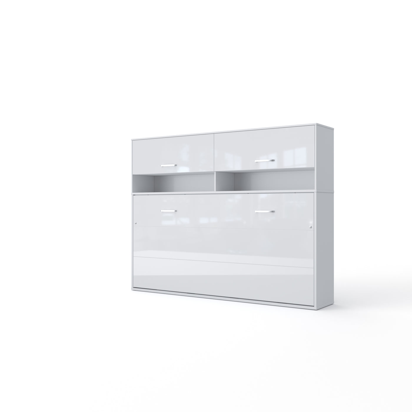 Invento Horizontal Wall Bed, European Twin Size with A Cabinet On Top White/White;