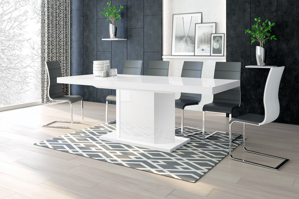 Dining Set DIEGO 7 pcs. White modern glossy Dining Table with 6 Black/ White chairs