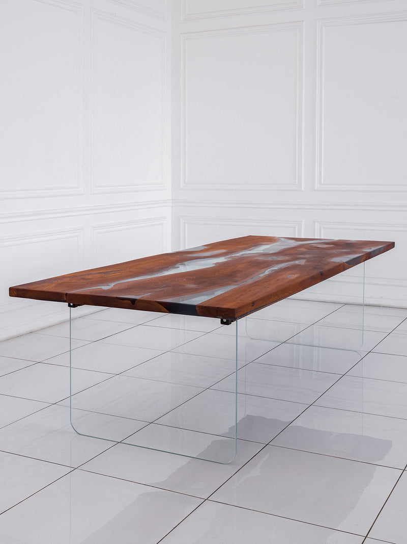 Dining Solid Pear Tree Wood Table ART Filled with Polymer Resin with Tempered Glass legs