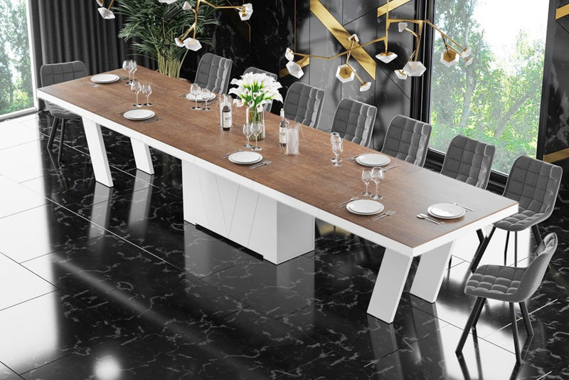 Dining Set ALETA 11 pcs. modern wood/ white Dining Table with 4 self-starting leaves plus 10 chairs