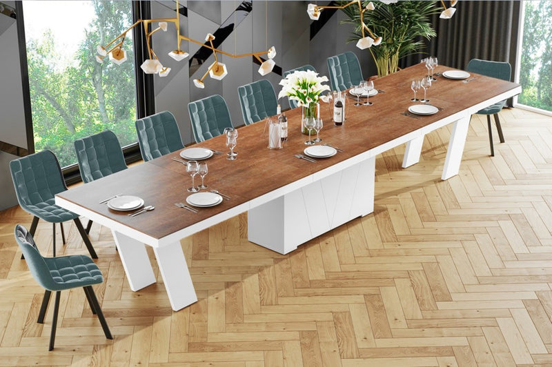 Dining Set ALETA 11 pcs. modern wood/ white Dining Table with 4 self-starting leaves plus 10 chairs