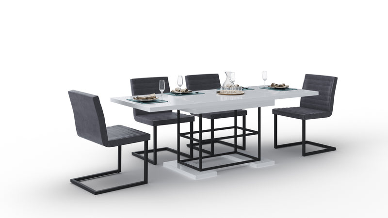 Dining Set ANIE 7 pcs. white modern glossy Dining Table with 2 self-starting leaves plus 6 chairs