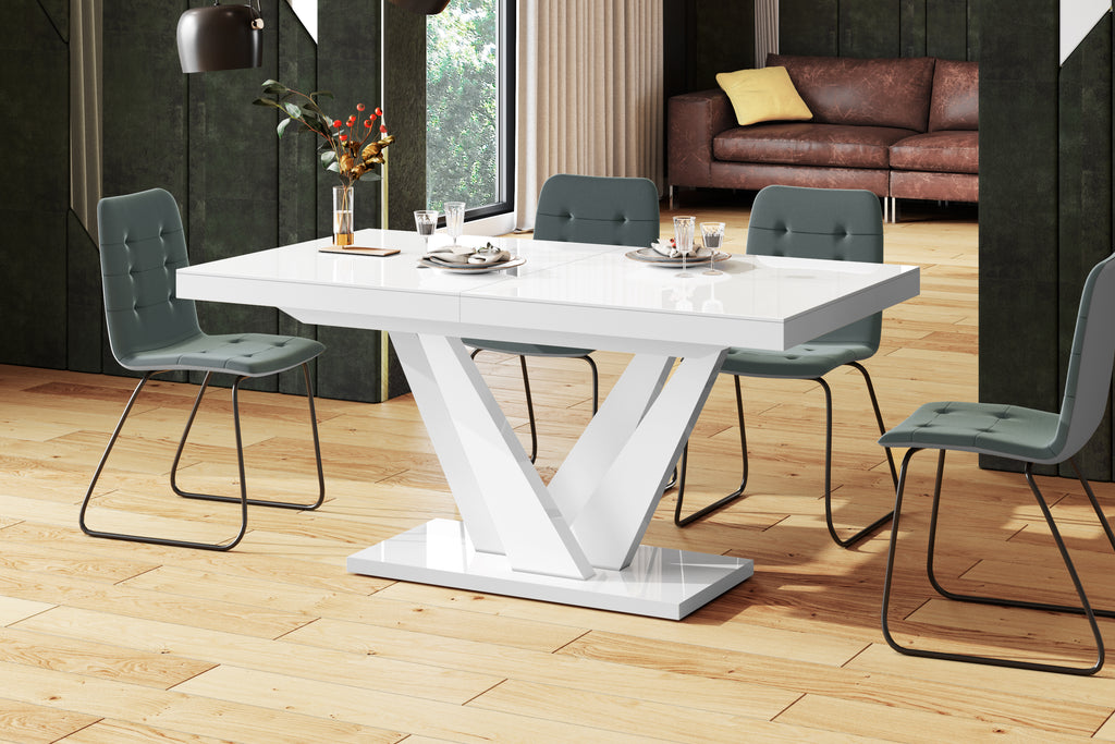 Dining Set CHARA 7 pcs. white modern glossy Dining Table with 2 self-starting leaves plus 6 chairs