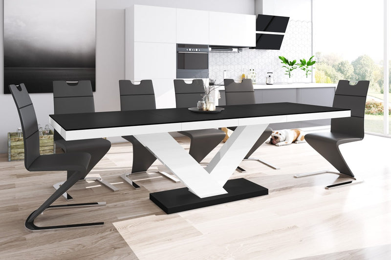 Dining Set TORIA 7 pcs. modern black/white glossy Dining Table with 2 self-storing leaves plus 6 black chairs