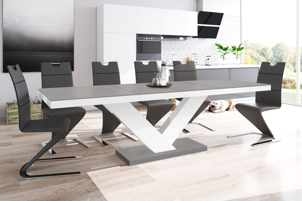 Dining Set TORIA, Grey /White Dining Table with 6 Black PU Chairs