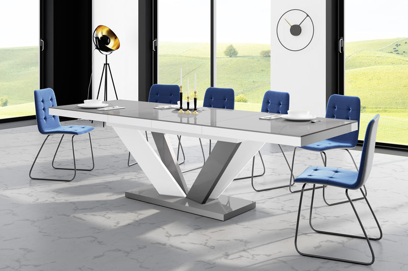 Dining Set AVIVA II 7 pcs. gray/ white modern glossy Dining Table with 2 self-starting leaves plus 6 chairs