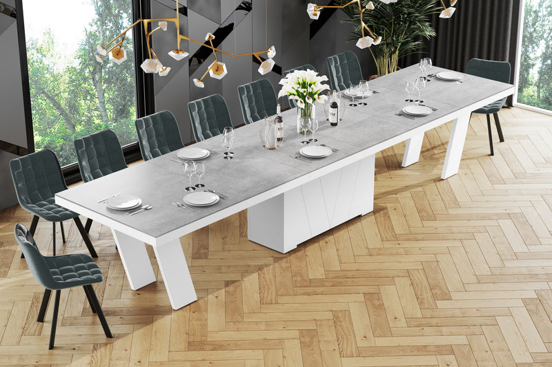 Dining Set ALETA 11 pcs. modern gray/ white Dining Table with 4 self-starting leaves plus 10 chairs