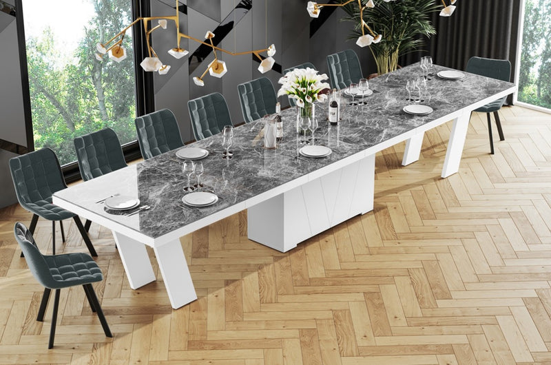 Dining Set ALETA 11 pcs. modern glossy Dining Table with 4 self-starting leaves plus 10 chairs