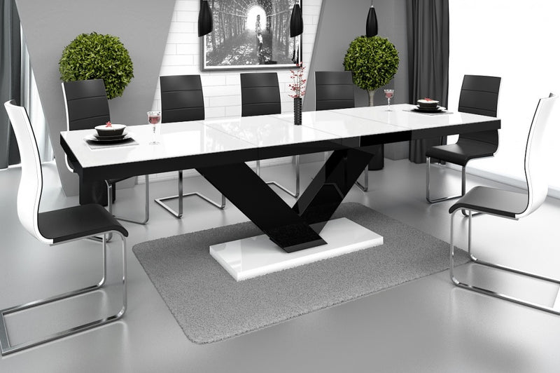 Dining Set TORIA 7 pcs. modern white/ black glossy Dining Table with 2 self-storing leaves plus 6 chairs