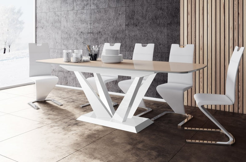 Dining Set FETO 7 pcs. modern glossy Dining Table with 2 self-starting leaves plus 6 chairs