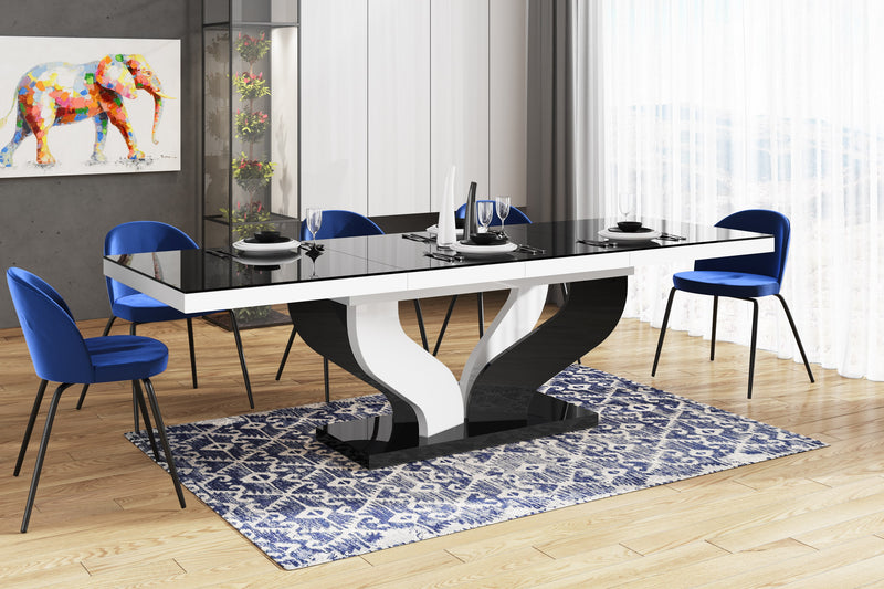 Dining Set AVIVA 7 pcs. black/ white modern glossy Dining Table with 2 self-storing leaves plus 6 chairs